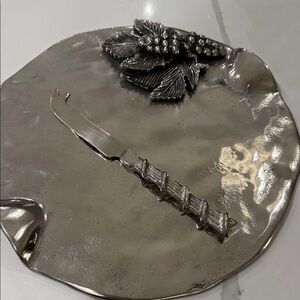 Silver Artesian Vintage Handmade Silver Cheese Plate with Knife and Grape Design
